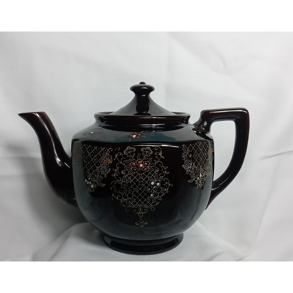 Ceramic Teapot Brown Hand‎ Painted Made in Japan Two Small Chips Inside Lid Vtg